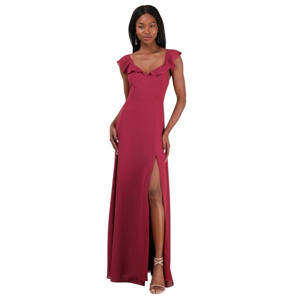Lulus Sweetest Entrance Magenta Ruffle Tie-Back Maxi Dress Formal Prom Size L